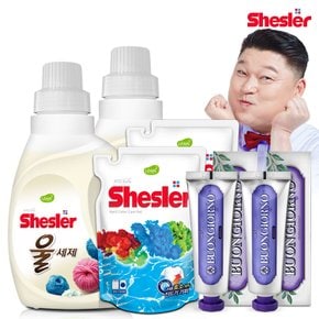 강호동의 쉬슬러 액상 세제 울전용 650ml 2개+세제리필 500ml 2개+잇몸케어 치약 100g 2개.