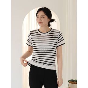레이 스카시 반팔 니트  단가라 라운드넥 국내산 시스루 여름 티 VKN105_P422809446
