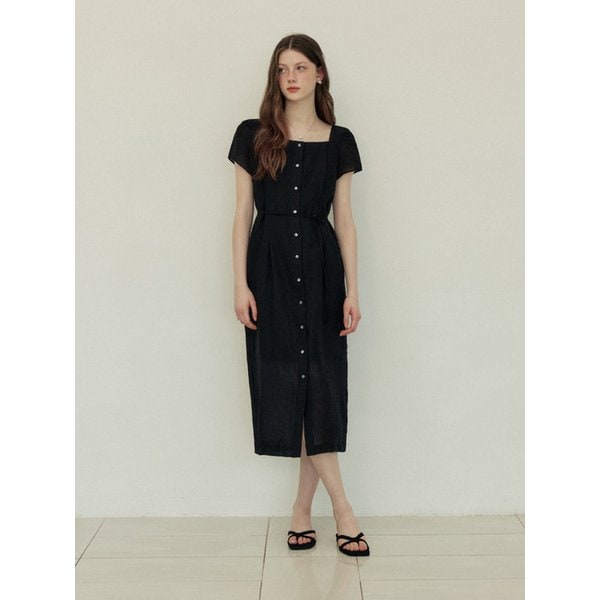 Square neck slim long dress - black