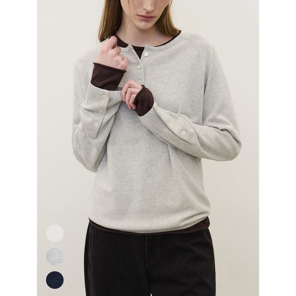 (우먼)코튼 캐시 헨리넥 슬리브 니트 - 3 COLOR