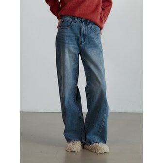 스테이피플 커브드 워싱 데님 팬츠 - BLUE