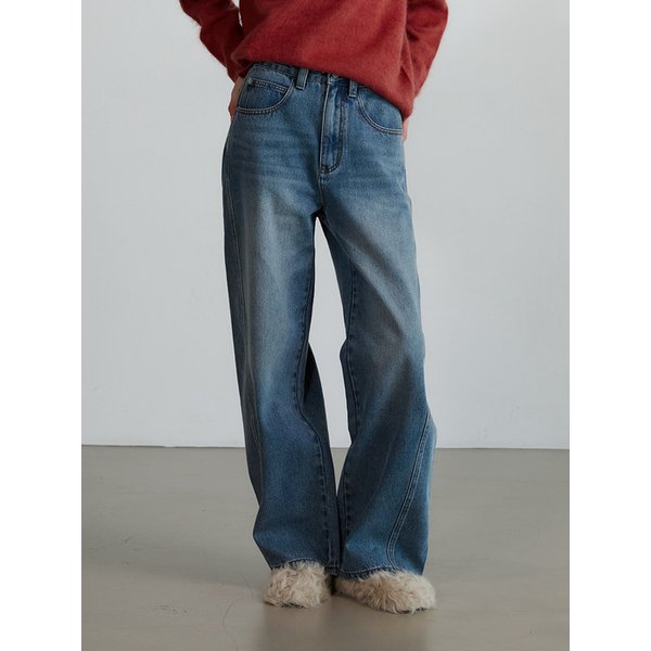 커브드 워싱 데님 팬츠 - BLUE