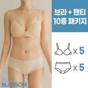 스벅 쿠폰 증정 [퓨어블라썸][10종세트] 코튼 트라이 앵글 노와이어 브라5+팬티5 세트/빅사이즈