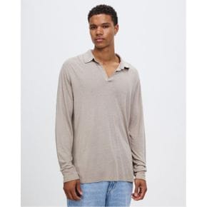 5224982 Abercrombie  Fitch Linen LS Polo - Moonrock