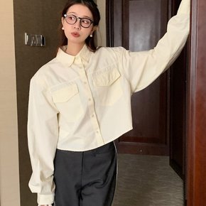베이직 카라  포켓 세미 크롭 긴팔 셔츠