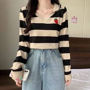 / NK746 딸기 브이 카라넥 크롭 니트티