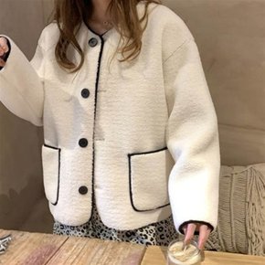 양털 노카라 여성 가디건