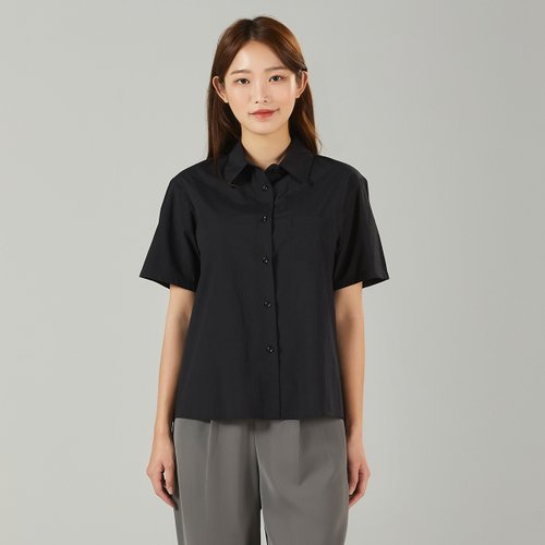 여성용  여름 반소매 면혼방 스판셔츠 블랙 솔리드 여자용 셔츠블라우스