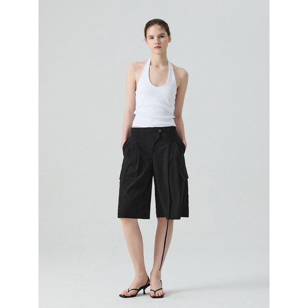 Overlap Buckle Cargo Bermuda Pants_Black