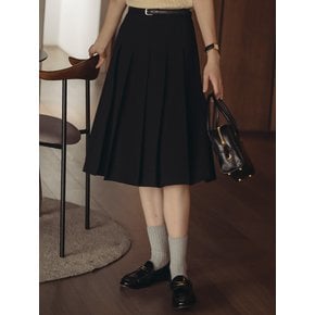 Belt set pleats midi skirt_Black