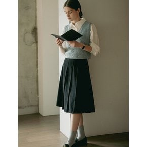 Belt set pleats midi skirt_Black