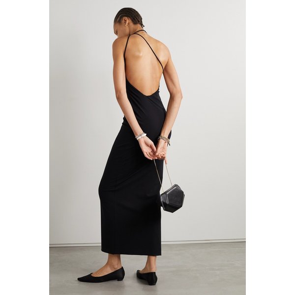코랄리아 오픈 백 스트레치 저지 맥시 홀터넥 드레스 블랙 1647597311299066