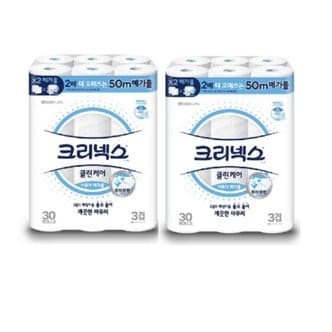  크리넥스 3겹 클린케어 아쿠아 메가롤 50m X 30롤 X 2팩