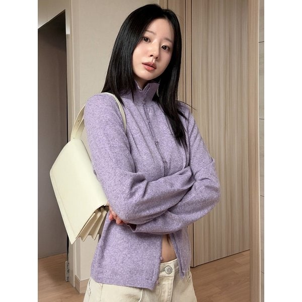 [단독]KN4282 울 블렌드 하이넥 카디건_Melange purple