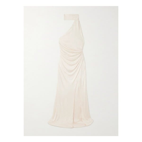 원숄더 패널 주름 새틴 저지 홀터넥 가운 오프 화이트 46376663162862579