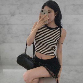 여성 단가라 힙무드 슬리브리스 슬림핏 탱크 티셔츠