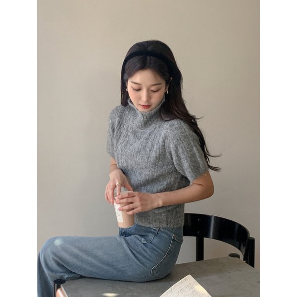 Cable Turtleneck Short Sleeve Knit Grey AT5SWF028GE