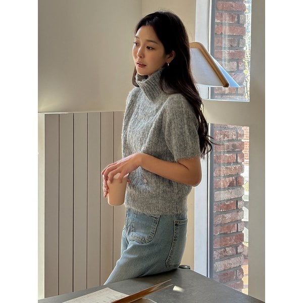 Cable Turtleneck Short Sleeve Knit Grey AT5SWF028GE