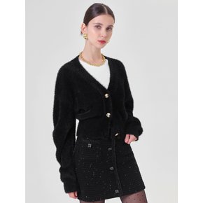 V-neck Crop Fur Cardigan (Black)