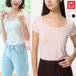 여성 이너티 에어리즘 U넥 반팔 이너 티셔츠 화이트 핑크 베이지