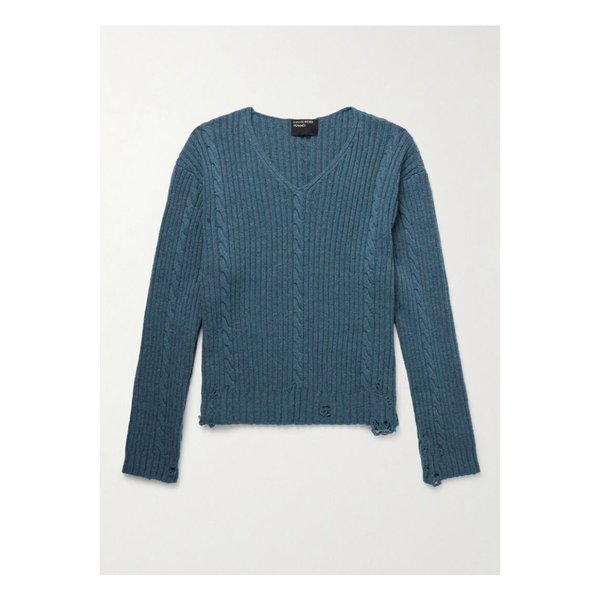 앙팡 리쉬 데프리메 디스트레스 케이블 니트 캐시미어 스웨터 블루 1647597359706555