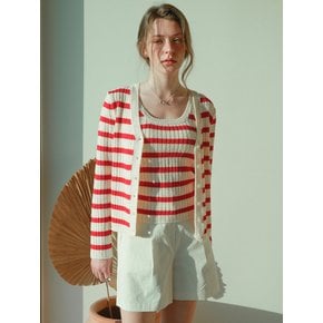 Round Stripe Cardigan & Sleeveless Knit Set Up (Red)