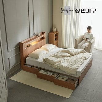 장인가구 메이비 LED 직선헤드 수납 침대프레임 더블 D +포켓매트 (높이230)