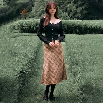 로라로라 CHECK MIDI SKIRT BROWN