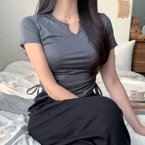 셔링 티셔츠 무지 반팔티 여성 U넥 스판
