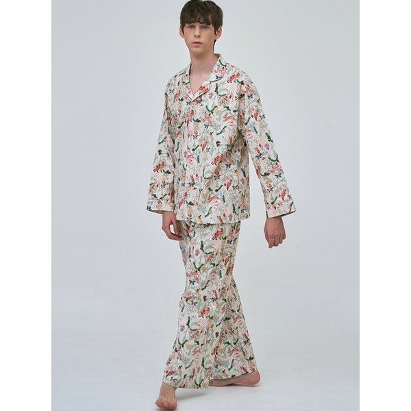 순면 홀리 크리스마스 패턴 긴팔 피치 기모 남성 잠옷