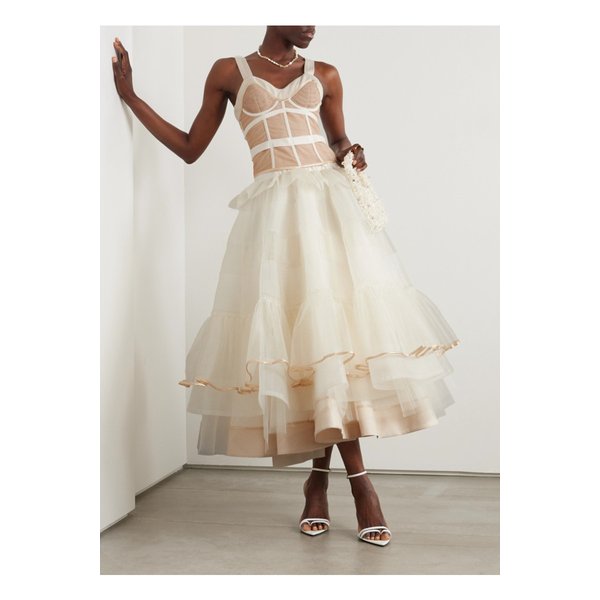 크리스토퍼 존 로저스 레이어드 러플 튤 메시 뷔스티에 가운 뉴트럴 1647597335742956