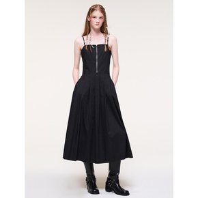 Front Zipper Pleats Slip Dress, Black