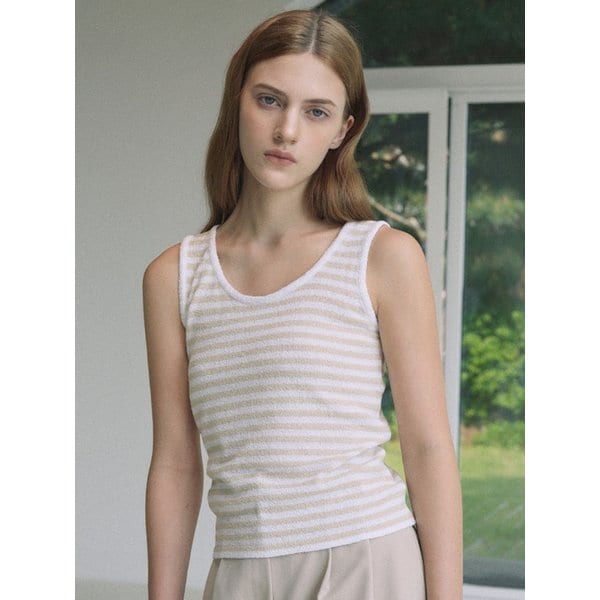 Round Stripe Knit Sleeveless (Beige)