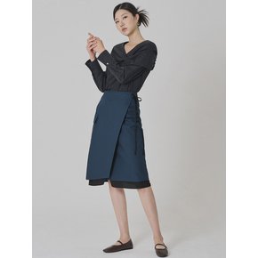 LAYERED WRAP LONG SKIRT-navy