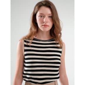 Boat-neck Stripe Knit Sleeveless (Black)