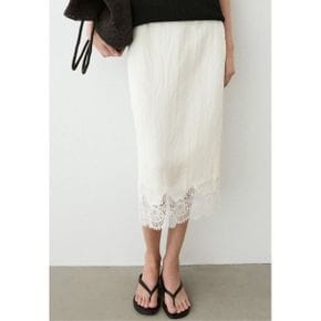 Massimo Dutti 마시모 두띠 레이스 디테일이 있는 흐르는 미디 스커트 - 펜슬 흰색 8034527