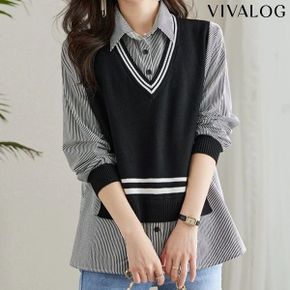 캐넛 레이어드 조끼 줄지 셔츠_P346243015