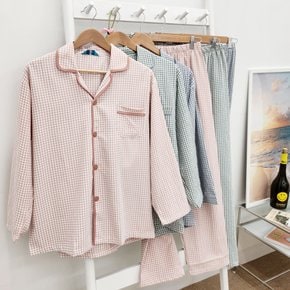 국산 커플 면 잠옷세트 체크 긴팔 파자마 상하세트 남여공용 L,XL,2XL