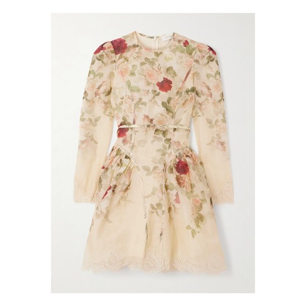 레이스 트리밍 플로럴 프린트 리넨 실크 혼방 미니 드레스 크림 46376663162947242