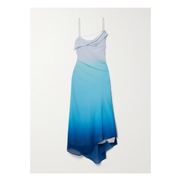 드레이프 비대칭 장식 옹브레 크레이프 미디 드레스 블루 1647597344753565