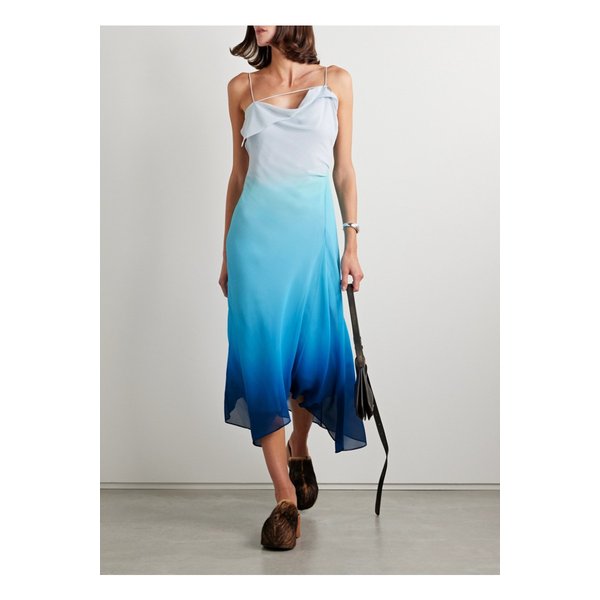 드레이프 비대칭 장식 옹브레 크레이프 미디 드레스 블루 1647597344753565