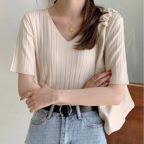 FSF-D0064 브이넥 골지 니트 반팔티 (4Color) (S47888161)