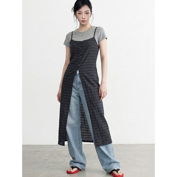 체크 버튼 딥 슬릿 뷔스티에 드레스_T611DS505