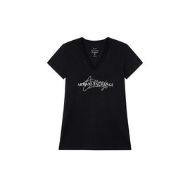 ARMANI EXCHANGE AX 여성 큐빅 앤 로고 브이넥 티셔츠_블랙(A423130503)