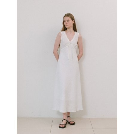 라미네즈 V-neck Ribbon Long Dress - Ivory