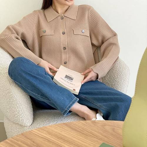 플러리싱 / 비스코스 투포켓 세미크롭 니트 가디건 플러리싱