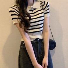  카라 니트티 크롭반팔 스트라이프 포인트 여름 여성 (WFHN6GI)