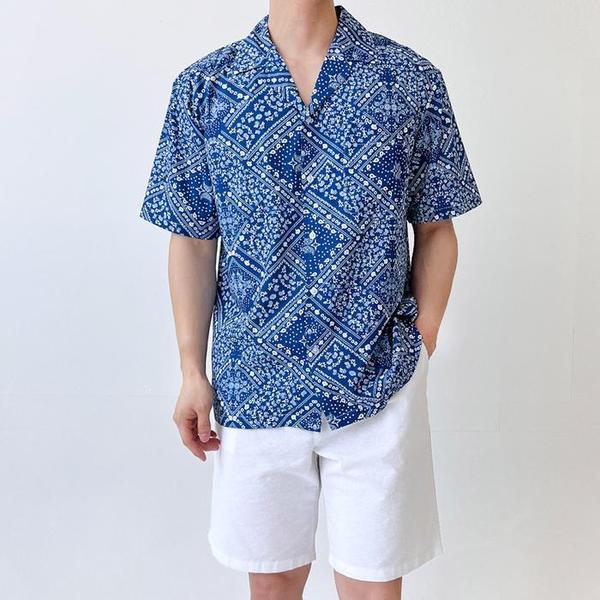 남자 SS 박시핏 여행룩 반소매 썸머 해변 셔츠(1)