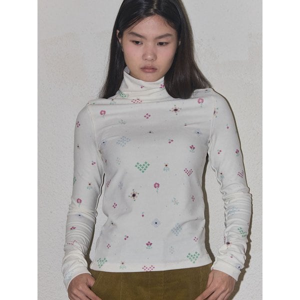 Pixel print turtle neck top - Ivory