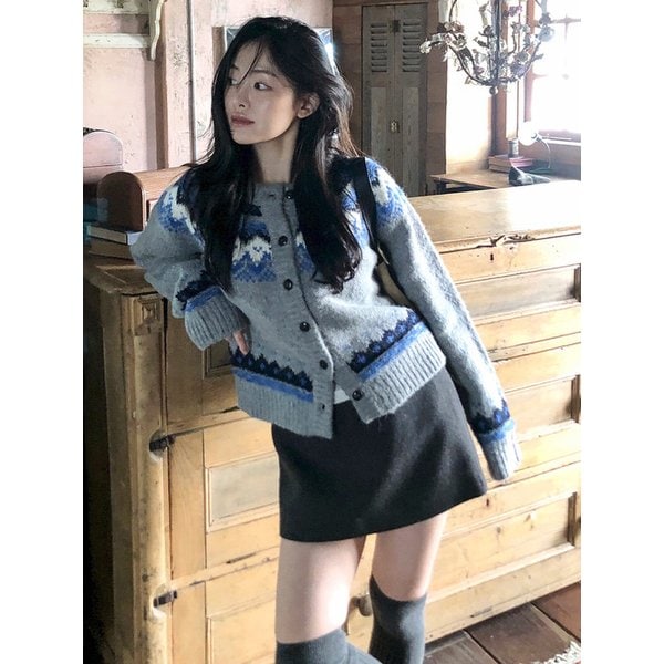 자카드 니트 가디건 GRAY